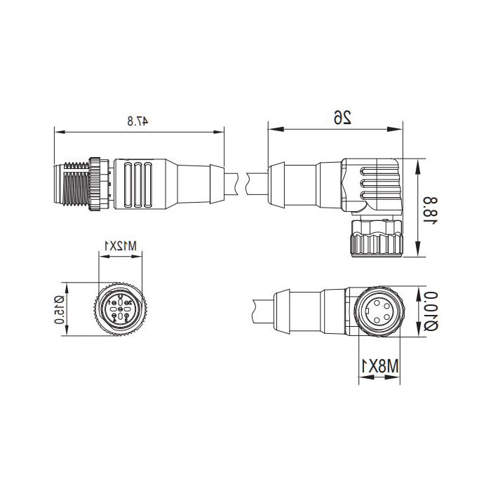 M8转M12 4Pin M8母头90°转M12公头直型、双端预铸PUR柔性电缆、黑色护套、63D281-XXX 